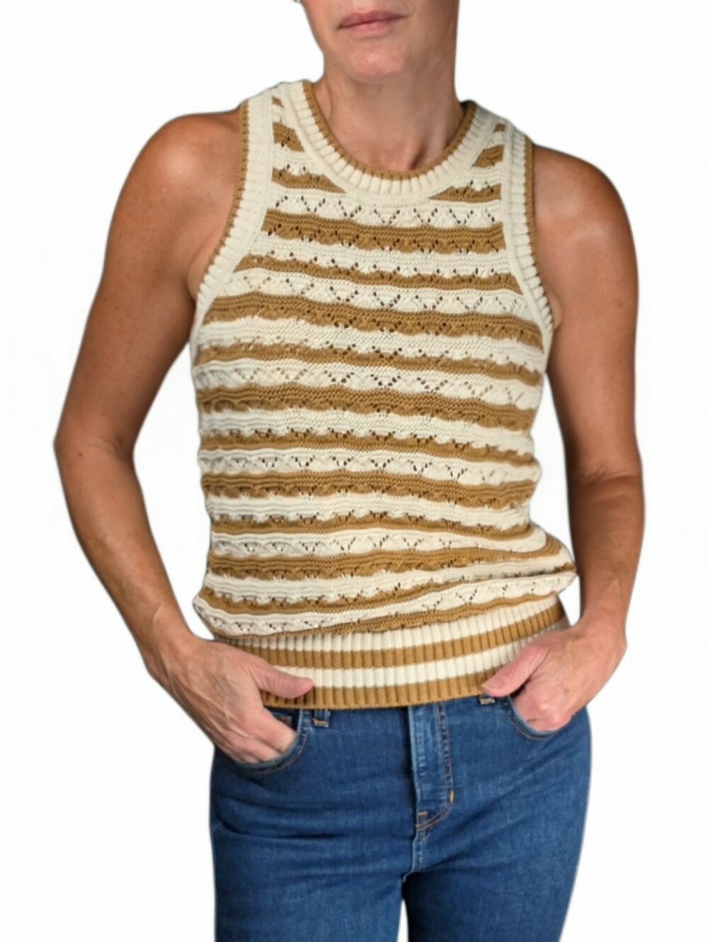 VERONICA BEARD Jerrel Striped Pointelle-Knit Tank In Desert Khaki/Off White